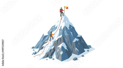 vector An intrepid climber reaches the snowy mountain summit planting a victorious flag on transparent background
