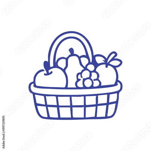 Simple line art illustration of a basket filled with various fresh fruits.