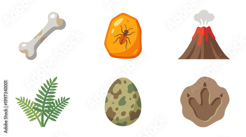 vector A flat design vector graphic illustration of various paleontology elements including a bone fossil amber insect volcano fern egg and dinosaur footprint on transparent background