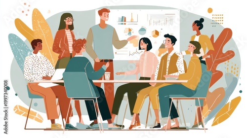 Business Meeting with Team: Depicting a collaborative workspace with a diverse group of professionals actively engaged in a brainstorming session, discussing plans and ideas.