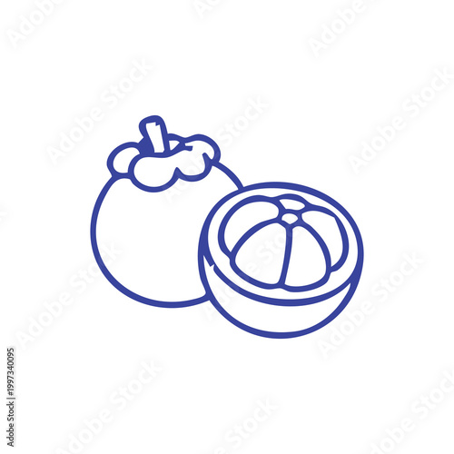 Line art illustration of a whole and halved mangosteen fruit.