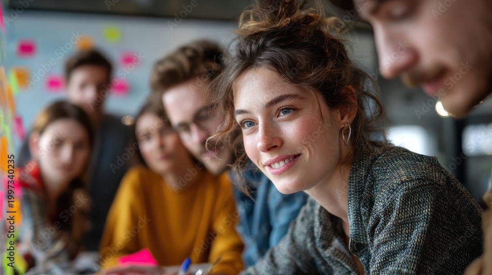 Fototapeta premium Collaborative Insight: A group of individuals deeply engaged in a brainstorming session. They're immersed in teamwork and innovation.