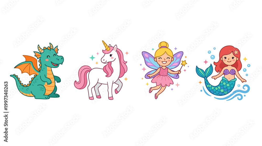 Fototapeta premium vector A collection of four adorable mythical creatures: a dragon, a unicorn, a fairy, and a mermaid.
