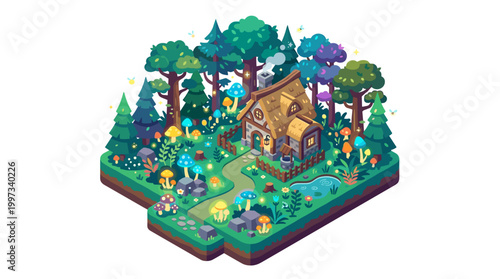 vector An enchanting isometric view of a magical fantasy house nestled within a vibrant forest.
