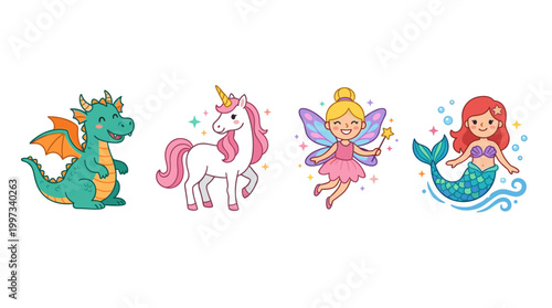 vector A collection of four adorable mythical creatures: a dragon, a unicorn, a fairy, and a mermaid.