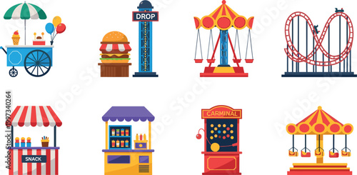 Carnival and Amusement Park Icons Including Rides, Snacks, and Games for Fun, Festival, and Event Design Projects