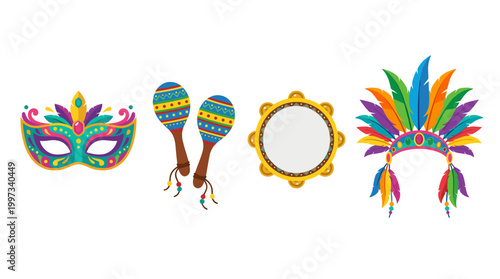 vector A festive collection of carnival and Mardi Gras themed items, including a mask, maracas, and a headdress.