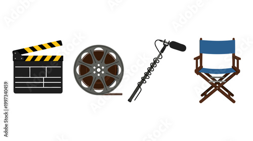 vector Essential film production equipment featuring a clapperboard, film reel, boom microphone, and director's chair.