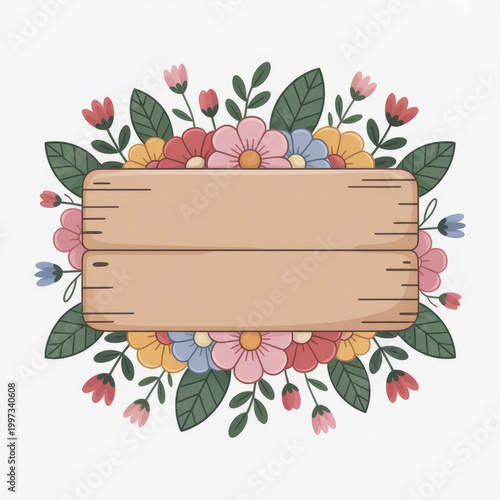 Charming wooden sign adorned with a vibrant bouquet of spring flowers and green leaves, perfect for invitations or announcements.