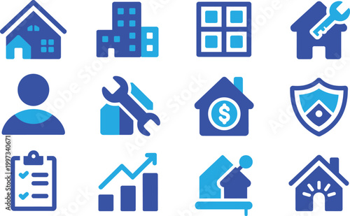 Real Estate and Property Management Solid Icon Set Featuring House, Building, Repair, Shield and Growth Editable Vector Illustration