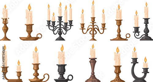 Vintage Candle Holders and Candlesticks Set with Burning Wax Candles Antique Decorative Lighting Collection Flat Vector Illustration
