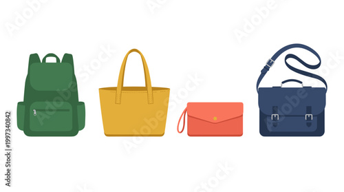 vector A collection of four distinct colorful bags including a backpack, tote, clutch, and satchel.
