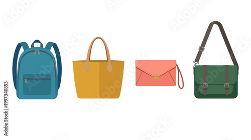 vector A stylish assortment of four different bags including a backpack, tote, clutch, and messenger.