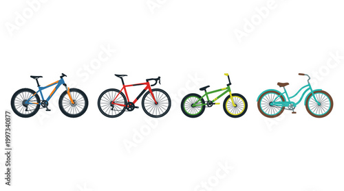 vector A diverse row of four different bicycle types including mountain, road, BMX, and cruiser.