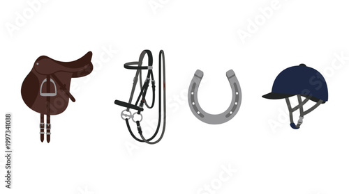 vector A comprehensive collection of essential equestrian equipment including a saddle, bridle, horseshoe, and helmet.