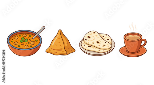 vector An inviting illustration showcasing classic Indian cuisine including dal, a samosa, naan bread, and a hot cup of chai.