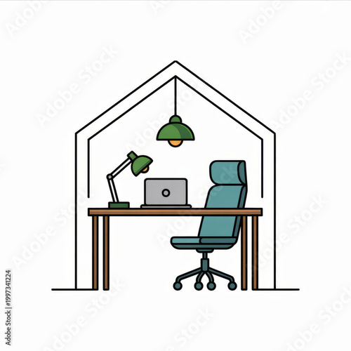 Cozy home office setup with desk, chair, and laptop under a roof icon