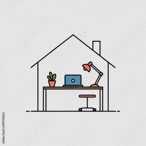 Cozy home office setup with laptop and plant inside a house outline.