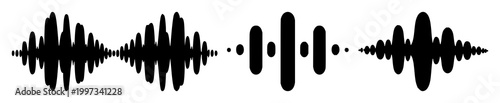 Natural language processing sound waves set with solid black icon on white background featuring stylized wave, music visual, linguistic audio with vector and line art