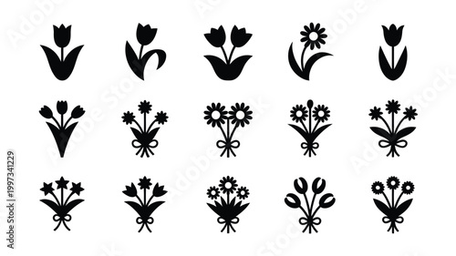 Vector illustration of various black flower and plant silhouettes on white background for design and decoration