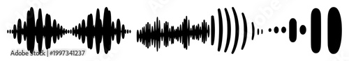 Natural language processing sound waves set with solid black icon on white background featuring stylized wave, music visual, linguistic audio with vector and line art