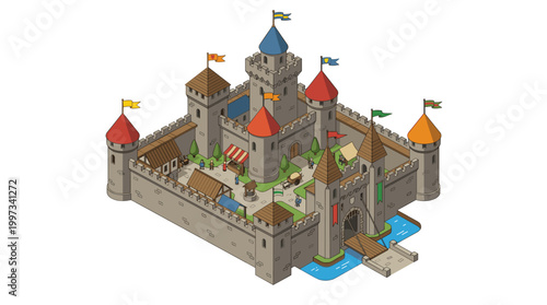 vector An intricately designed isometric medieval castle complete with a moat, drawbridge, and colorful flags on towers.