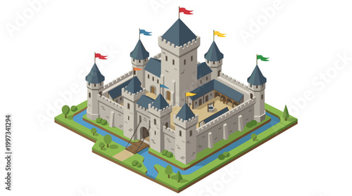 vector A captivating isometric medieval castle with blue-roofed towers, a surrounding moat, and a detailed drawbridge.