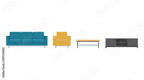 vector A modern flat design illustration of living room furniture: sofa, armchair, rectangular coffee table, and television stand.