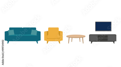 vector A modern flat design illustration of living room furniture: sofa, armchair, oval coffee table, and television stand.