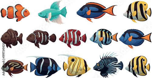 Collection of Colorful Fish Illustrations Including Clownfish, Tangs, and Angelfish for Marine, Aquarium, and Ocean Design Projects