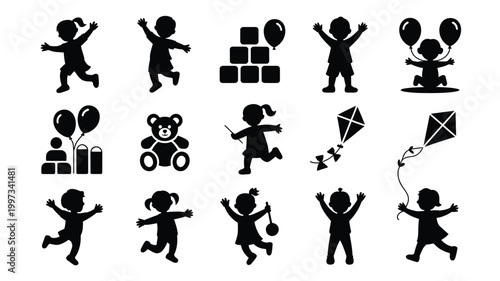 Black silhouettes of joyful children playing with balloons kites and toys on white background