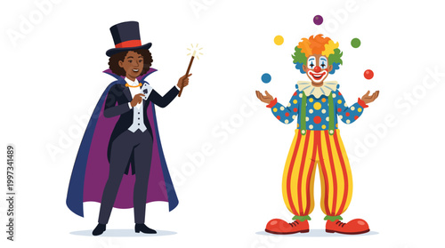 vector A magician in a cape with a wand is shown beside a clown juggling multiple colorful balls.