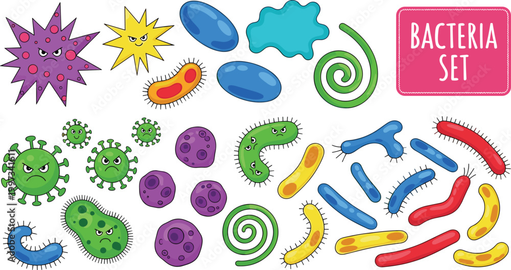 Obraz premium Cartoon bacteria set with various colorful microorganisms, germs, and cells illustrating microbiology, infection concepts, healthcare education, and scientific vector illustration?//