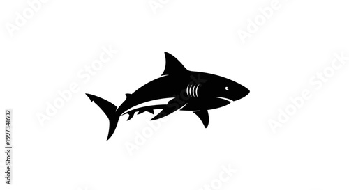 Modern minimalist shark logo in black and white, featuring a bold and dynamic stylized design with clean lines and smooth curves. Isolated on a soft gray gradient background with subtle shadow, this p