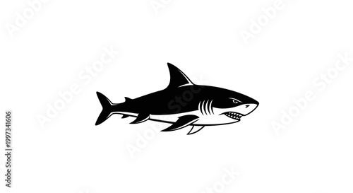 Modern minimalist shark logo in black and white, featuring a bold and dynamic stylized design with clean lines and smooth curves. Isolated on a soft gray gradient background with subtle shadow, this p