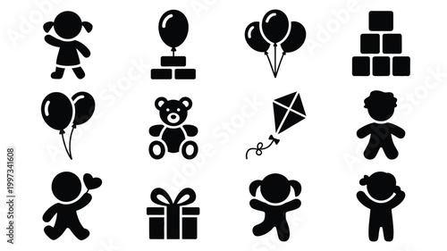 Minimalist black silhouettes of children toys and gifts on white background