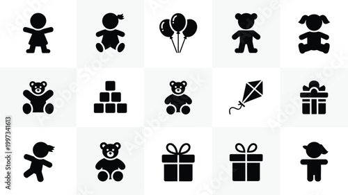 Black vector icons of children's toys and gifts on white background including teddy bears balloons kites blocks and presents