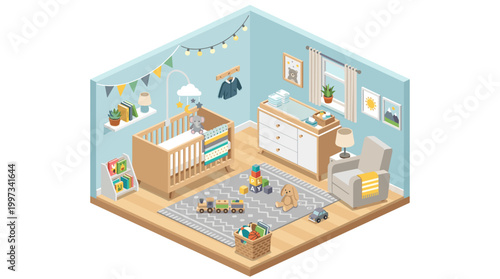 vector An isometric view of a cozy, brightly decorated nursery room with a crib, changing table, and rocking chair.