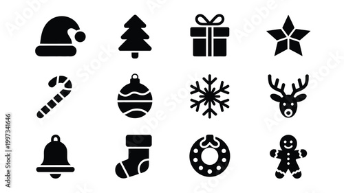 Collection of minimalist christmas icons including santa hat tree gift star candy cane ornament snowflake reindeer bell stocking wreath gingerbread man on white background