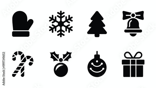 Minimalist christmas icons set including mittens snowflake tree bell candy cane holly ornament and gift on white background