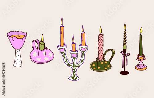 A set of multi-colored stylish candlesticks with candles drawn in doodle style.