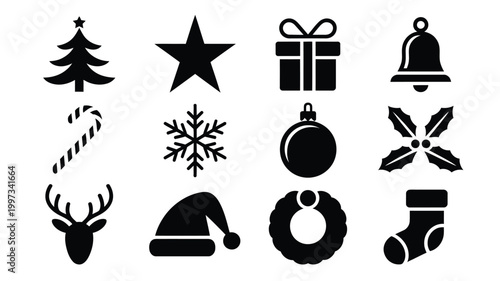 Christmas icons set including tree star gift bell candy cane snowflake ornament santa hat wreath stocking and reindeer on white background