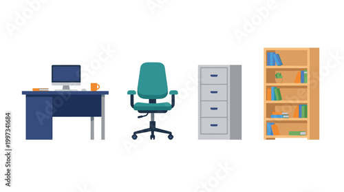 vector A functional office setup features a computer desk, ergonomic chair, filing cabinet, and a full bookshelf.