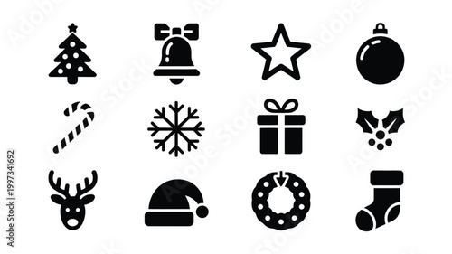 Minimalist christmas icons set including tree bell star ornament candy cane snowflake gift mistletoe reindeer santa hat wreath and stocking on white background