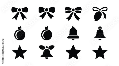 Collection of minimalist christmas icons including bows ornaments bells and stars in black on white background for holiday designs