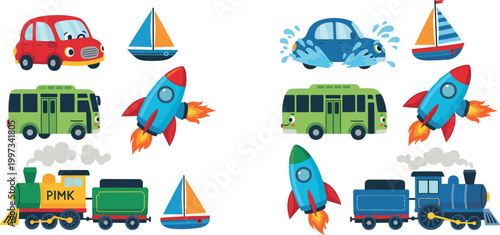 Collection of Transportation Icons Including Cars, Rockets, Trains, and Boats for Fun, Adventure, and Travel Design Projects