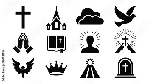Collection of christian and religious symbols and icons in black on white background