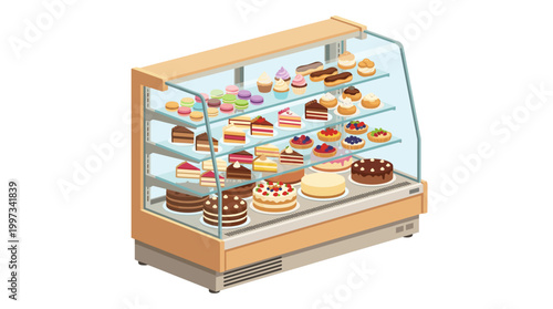 vector This bakery display case is filled with a delightful variety of colorful cakes and pastries.