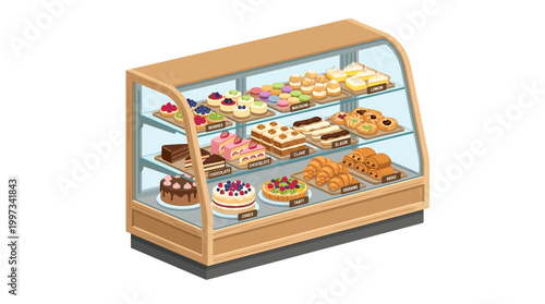 vector A delicious assortment of cakes, pastries, and sweet treats fills a modern bakery display case.