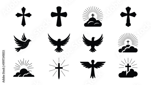 Collection of minimalist christian symbols and icons including crosses doves and divine light silhouettes